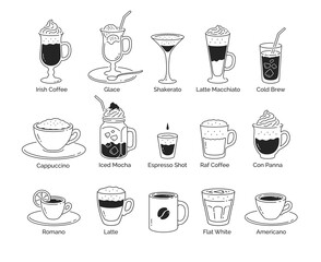 Line art illustration set of coffee cups