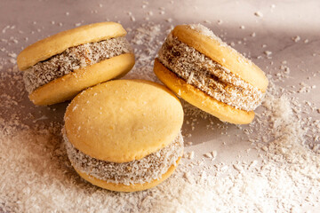 Deliciosos alfajores de maicena rellenos de dulce de leche y espolvoreados con coco rallado, a luz de la mañana.