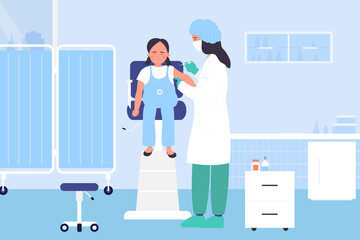 Vaccination in hospital, flu shot vector illustration. Cartoon woman doctor character making vaccine injection to arm of kid girl patient, medical procedure for children in clinic, medicine background