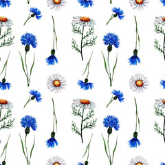 Seamless pattern with blooming flowers of chamomile and cornflowers on a stem with green leaves. Hand-drawn watercolor on white background for fabric, packaging, wallpaper, scrapbooking.