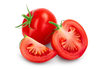 Tomato with slices isolated on white background with clipping path and full depth of field.