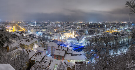 Scenic night view of the city of Graz in winter