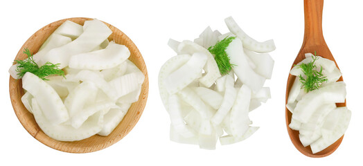 fresh fennel bulb slices in wooden bowl and spoon isolated on white background . Top view. Flat lay