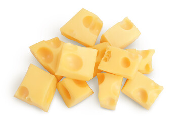 cubes of cheese isolated on white background with clipping path. Top view. Flat lay