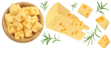 piece of cheese in wooden bowl isolated on white background. Top view with copy space for your text. Flat lay