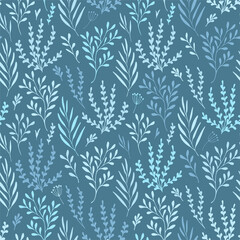 Vector seamless floral pattern. Light plants on a blue background. Cute children's print