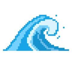 Sea pixel wave icon. Powerful blue tsunami rushing shore huge storm waves with white foam and high stream for successful vector surfing. - obrazy, fototapety, plakaty