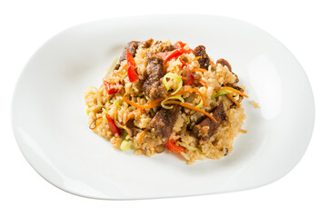 pork in sauce along with vegetables and rice isolated on white background