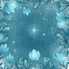 Shining night flowers. Vector floral template with azure night flowers and stars on dark background. Watercolor texture.