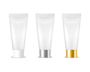 Vector 3d Realistic Plastic, Metal White Tooth Paste, Cream Tube, Packing Set Isolated on White Background. Design Template of Toothpaste, Cosmetics, Cream, Tooth Paste for Mockup. Front View