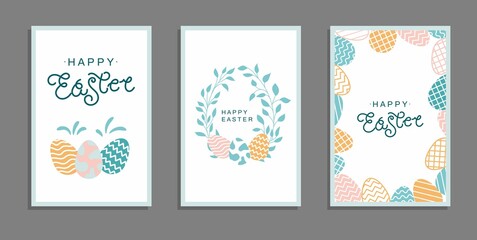 Fototapeta na wymiar Set of Easter cards. Cute easter eggs, branch and leaves. Vector flat cartoon illustration. Perfect for poster, print, card, invitation, greeting, tag