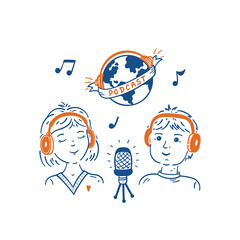 Podcast Show. Hand drawn Doodle Radio Host or Blogger Man and Woman Speaking in Microphone. Communication, Interview Concept. Vector illustration