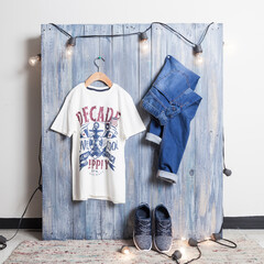 Kids fashion - t-shirt and blue jean set for children; photo on wooden background.