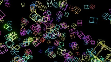 3d abstract simple geometric background with multicolor cubes flash neon light. Cubes fly in the air. Creative simple motion design background with 3d objects. 3d render
