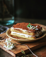Homemade desert tiramisu on brown plate on a dark background.