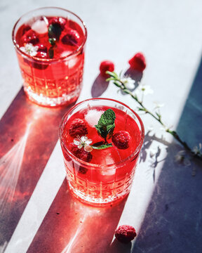 Fresh Homemade Mocktail with Raspberry and Mint. Kombucha drink with Fruits and Mint.