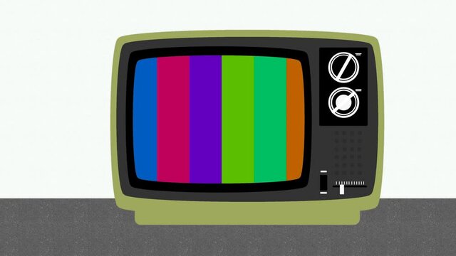 Zoom in then fixed shot on a retro tv with test patterns on screen, drawing flat design Television, vertical multicolored lines, vintage monitor background. Space for text, copy space. No signal.