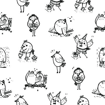 Seamless vector pattern with cartoon chicken in different poses. Outline print with birds in doodle style. 