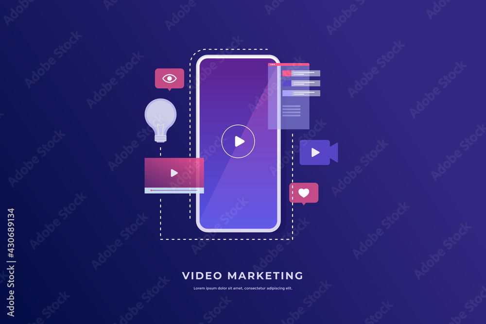 Sticker video marketing concept. smartphone with an icon of video player and icons for mobile applications. 