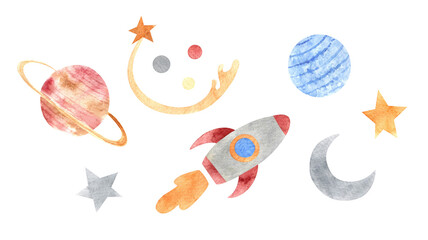 Cosmic set with planets, stars, rocket and moon; watercolor hand draw space illustration with white isolated background