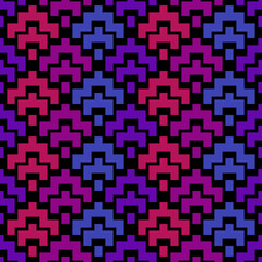 Geometric pixel art seamless pattern. Retro arcade game motif geo print. Repeated arcs, brackets background