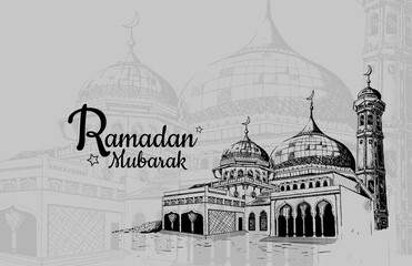 Ramadan Mubarak with mosque illustration isolated on grey background