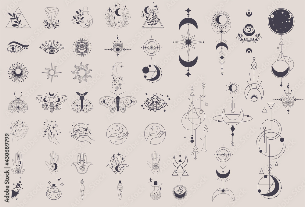 Fototapete Mystical Elements in a fine line. Magical contour icons Magic and witchcraft, witchy esoteric alchemy, hand-drawn doodles minimalistic symbol and mysterious objects. Flat Isolated vector illustration