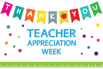 Teacher Appreciation Week school  banner. Garland of colored flags, text "thank you", apple, ruler on a white background, vector. 