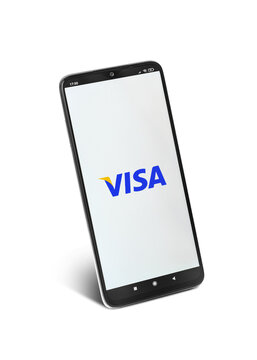 Visa logo on phone screen stock image. Isolated on white background
