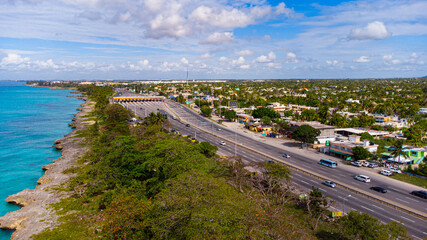 Aerial view Autopista las americas overlooking the tollbooth. Santo Domingo, Dominican Republic