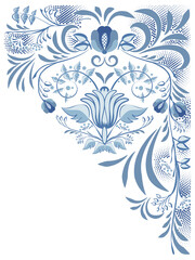 Decorative floral ethnic ornament for background corner with flowers in the style of blue national painting on porcelain.