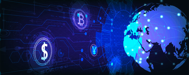 World money with financial communications.World wide web electronic cryptocurrency and modern technology.Online banking,Vector modern technology and financial communications concept.