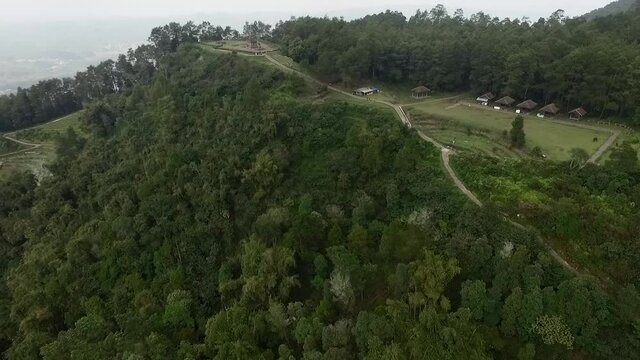 Bandungan tourist destination in Central Java, Indonesia. Aerial footage view showing Ancient Hindu Temples area with walking path and rest area