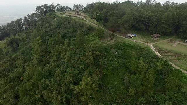 Bandungan tourist destination in Central Java, Indonesia. Aerial footage view showing Ancient Hindu Temples area with walking path and rest area