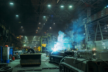 Metal welder working with arc welding machine at metallurgical foundry factory workshop interior....