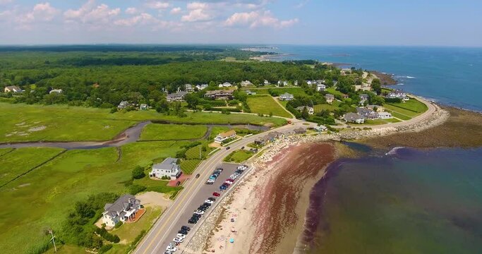 Aerial View Of Sandy Coast Of North Hampton In North Hampton State Park With Little Boar's Head Historic District At The Background, North Hampton, New Hampshire NH, USA. 