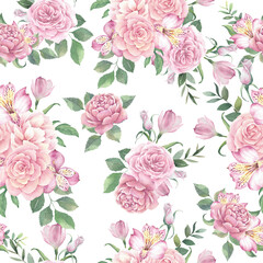 Watercolor seamless pattern with roses on a white background.