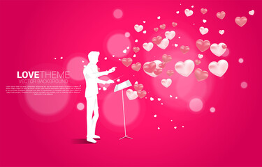 Vector silhouette of conductor standing with piano key with heart balloon flying . Concept background for love song and concert theme.