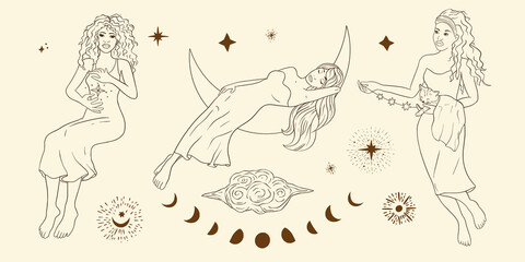 Astrology woman celestial sacred boho lady line art. Feminine vintage illustration