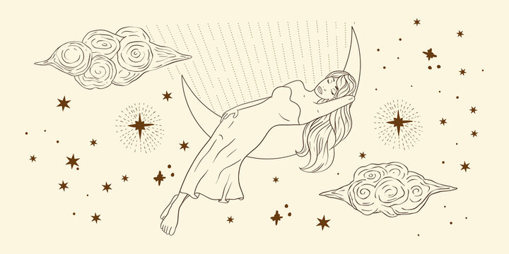 Astrology sleeping woman celestial sacred boho lady line art. Sky cloud and star card.