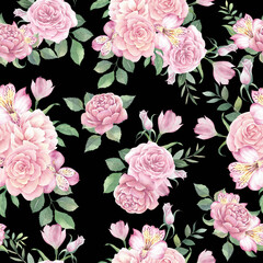 Watercolor seamless pattern with roses on a black background.