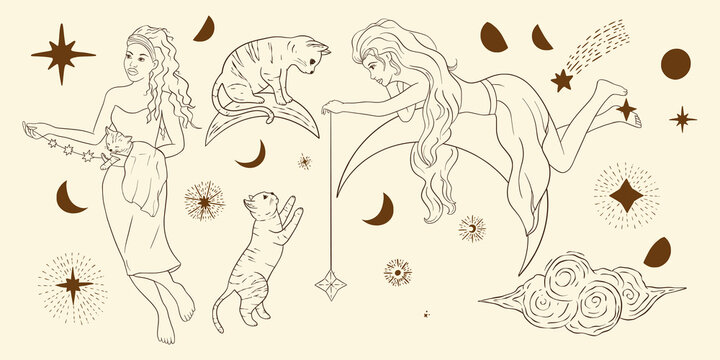 Astrology woman with a cat animal. Cute celestial sacred boho lady line art collection.