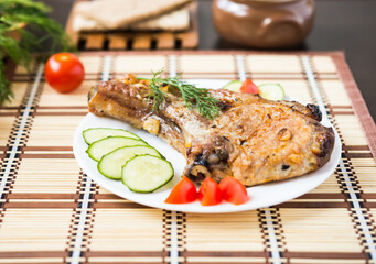 Meat and Vegetables. Roasted Pork with cucumbers and tomatoes. Ribeye Steak