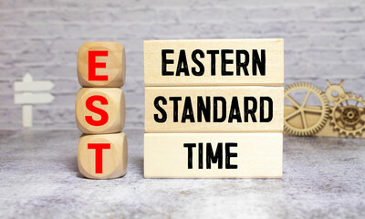Est word spelled out in alphabet building blocks in creative design isolated on white background