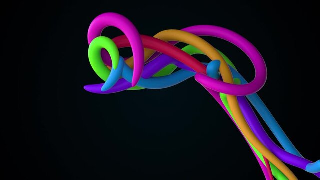 Tangled 3d render technology cords in technological connection. Ring industrial whirlpool geometric communication fibers for transmitting digital information network.