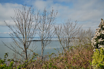 White Rock pier and Semiahmoo Bay - high tide in spring