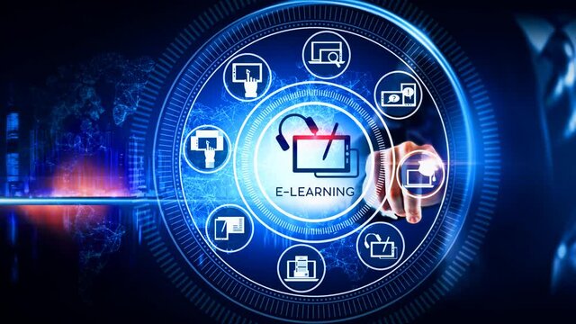 E-Learning Icon Concept Rotating wheel with icon surrounded by city Center and spoke Concept