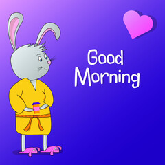 A rabbit in slippers and a bathrobe with a cup of coffee. The concept of good morning. Cute cartoon bunny drinking coffee. Logo for a coffee shop