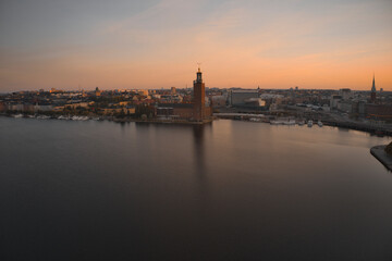 Naklejka premium Stockholm, SWEDEN - June 21, 2019.Aerial view over Stockholm skyline in sunrise. High quality photo