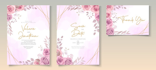 Fototapeta na wymiar Set of beautiful wedding invitation template with hand drawn pink roses flower ornament